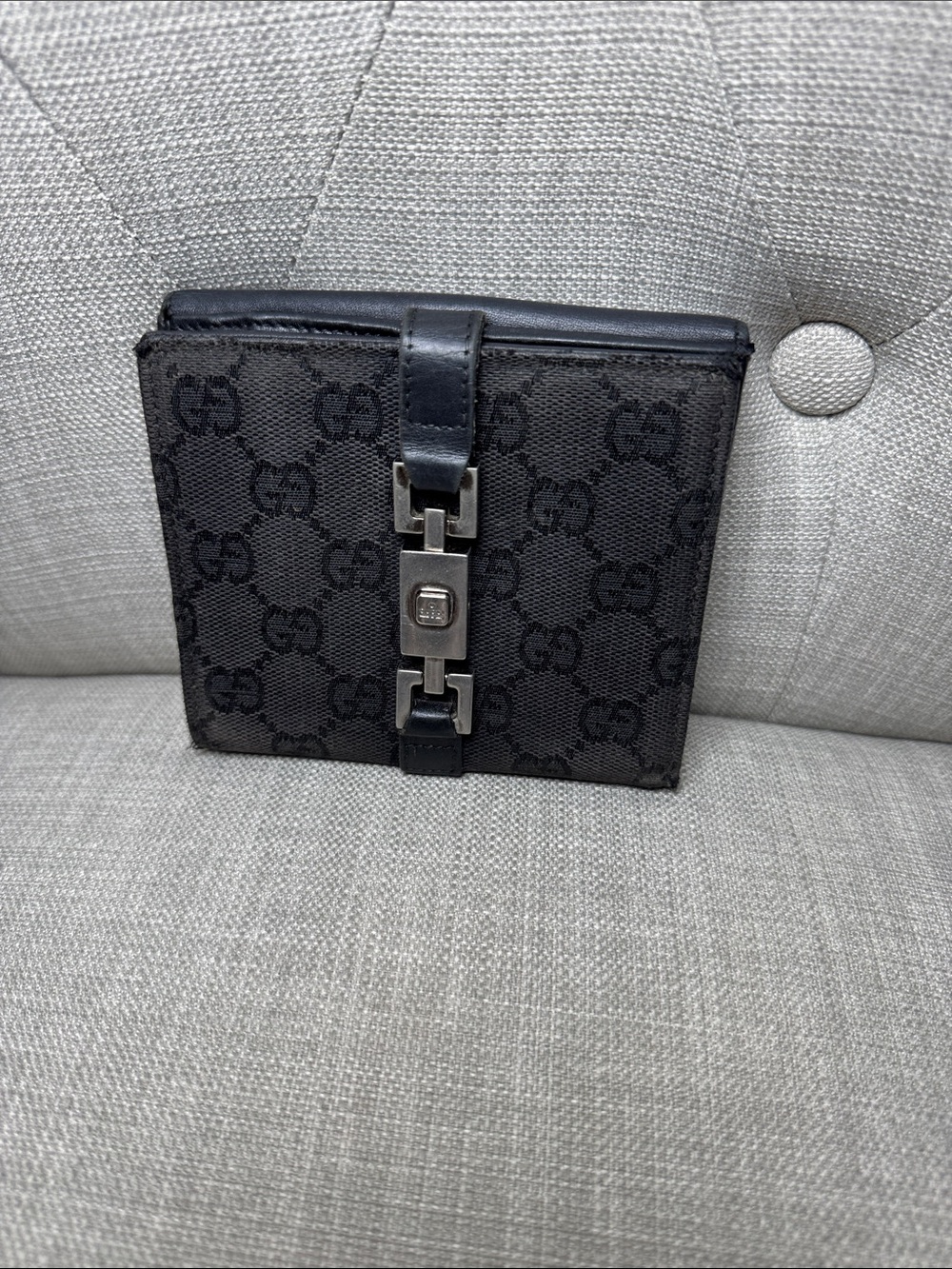 Gucci Black Monogram Canvas Wallet with Silver-Tone Accent